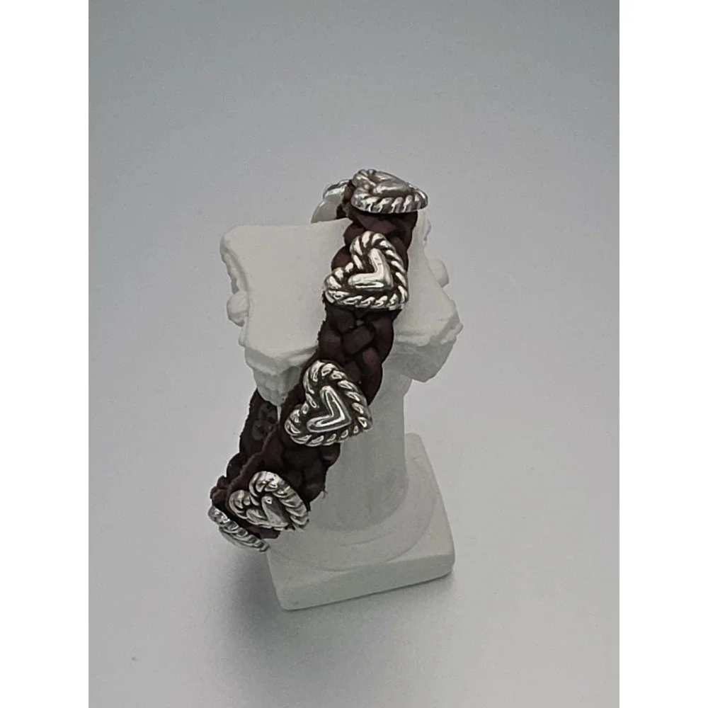 Vtg BRIGHTON Signed 1994 Bracelet Braided Leather Brown Silver Hearts FREE $HIP!